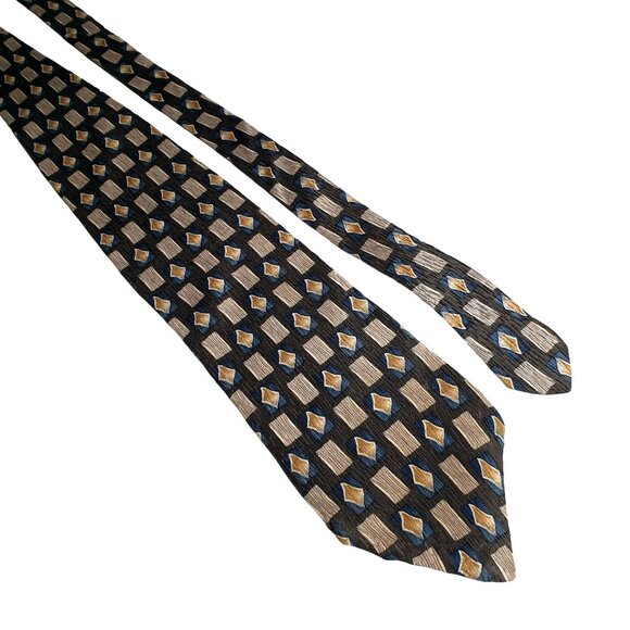 Vintage IV Front Geometric Pattern Imported Silk Tie Designer Olive Green Brown - Picture 6 of 6